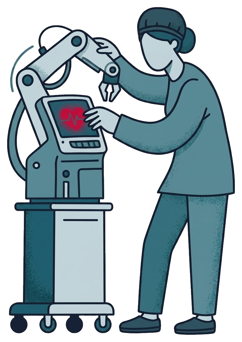 An illustrated clinician working a robotic surgical arm beside a monitor showing a heart.